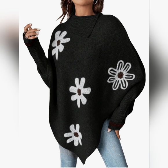 NWOT Floral Knitted Cape Poncho, Elegant Batwing Sleeve BLACK Asymmetrical MED - Picture 1 of 9